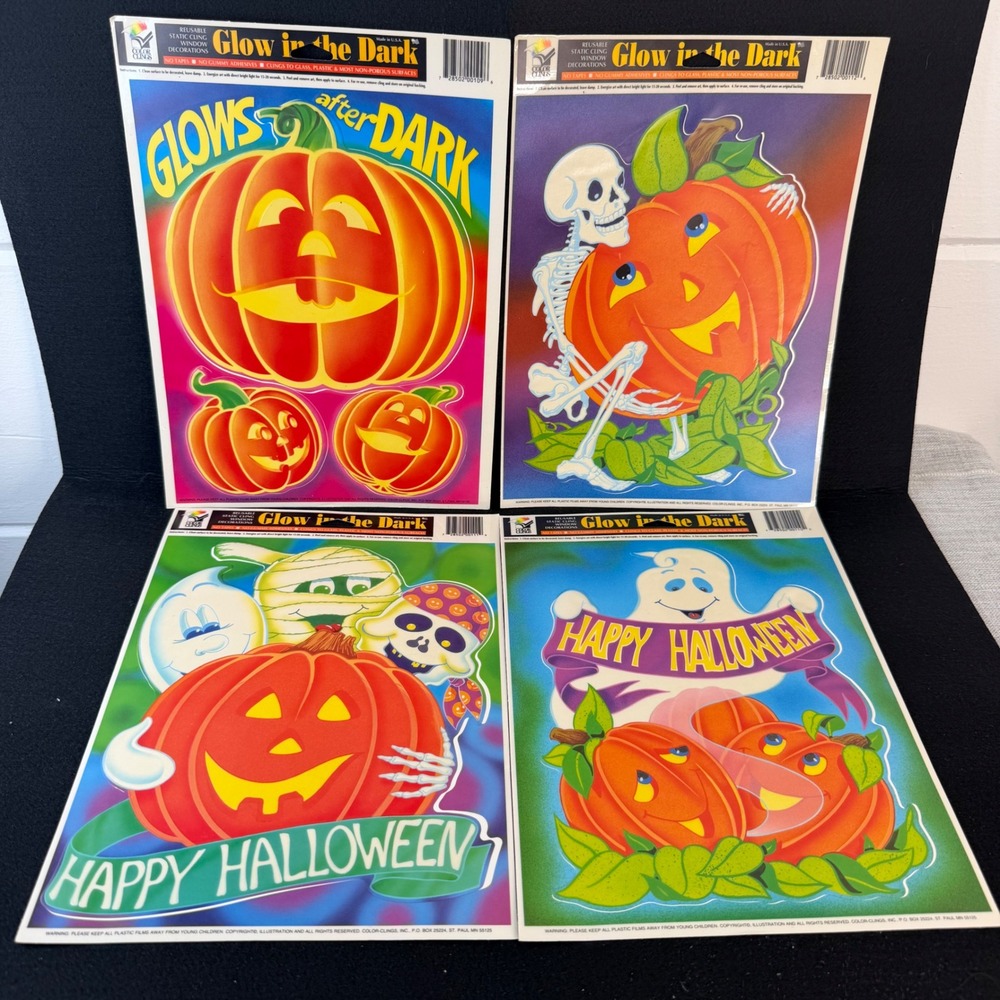 Vintage Glow in the Dark Window Clings Halloween Pumpkins Ghost Mummies Skeleton